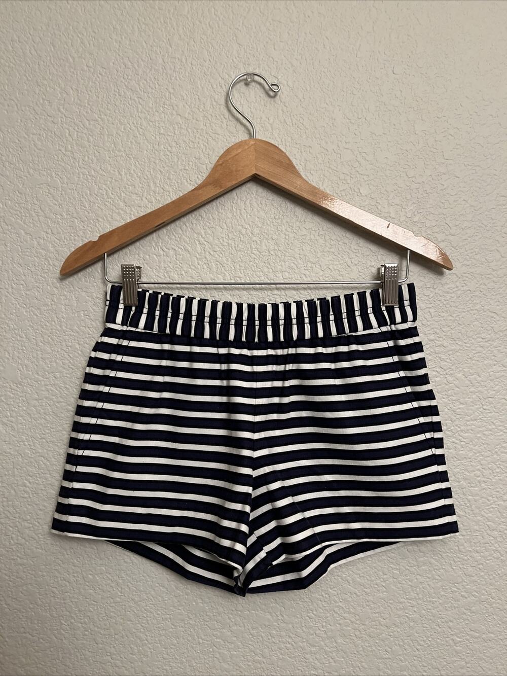 J. Crew Boardwalk Dress Shorts Linen Blend White Blue Black Stripe Pullon Sz 0
